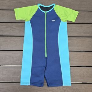 TYR Boys Girls Solid Thermal Swim Suit Zip up Blue Olive Size 7/8 New Sample